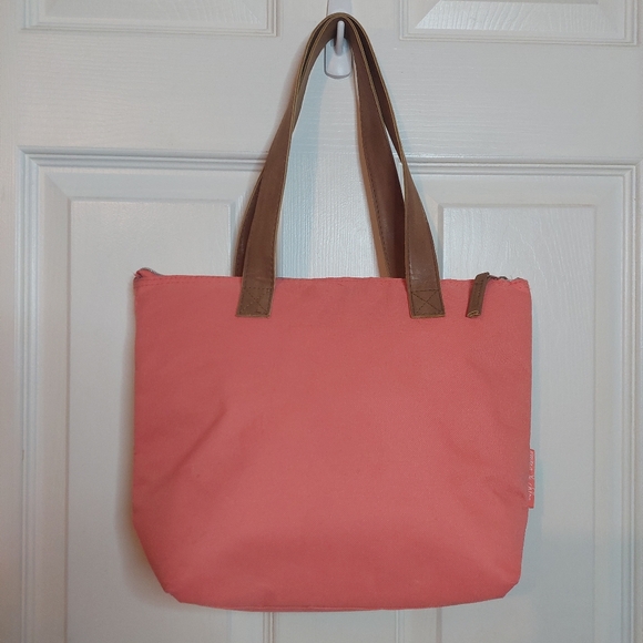 Emma & Chloe Salmon Pink Blue Woven Chevron Insulated Lunch Bag Beachy Coastal - Picture 2 of 12